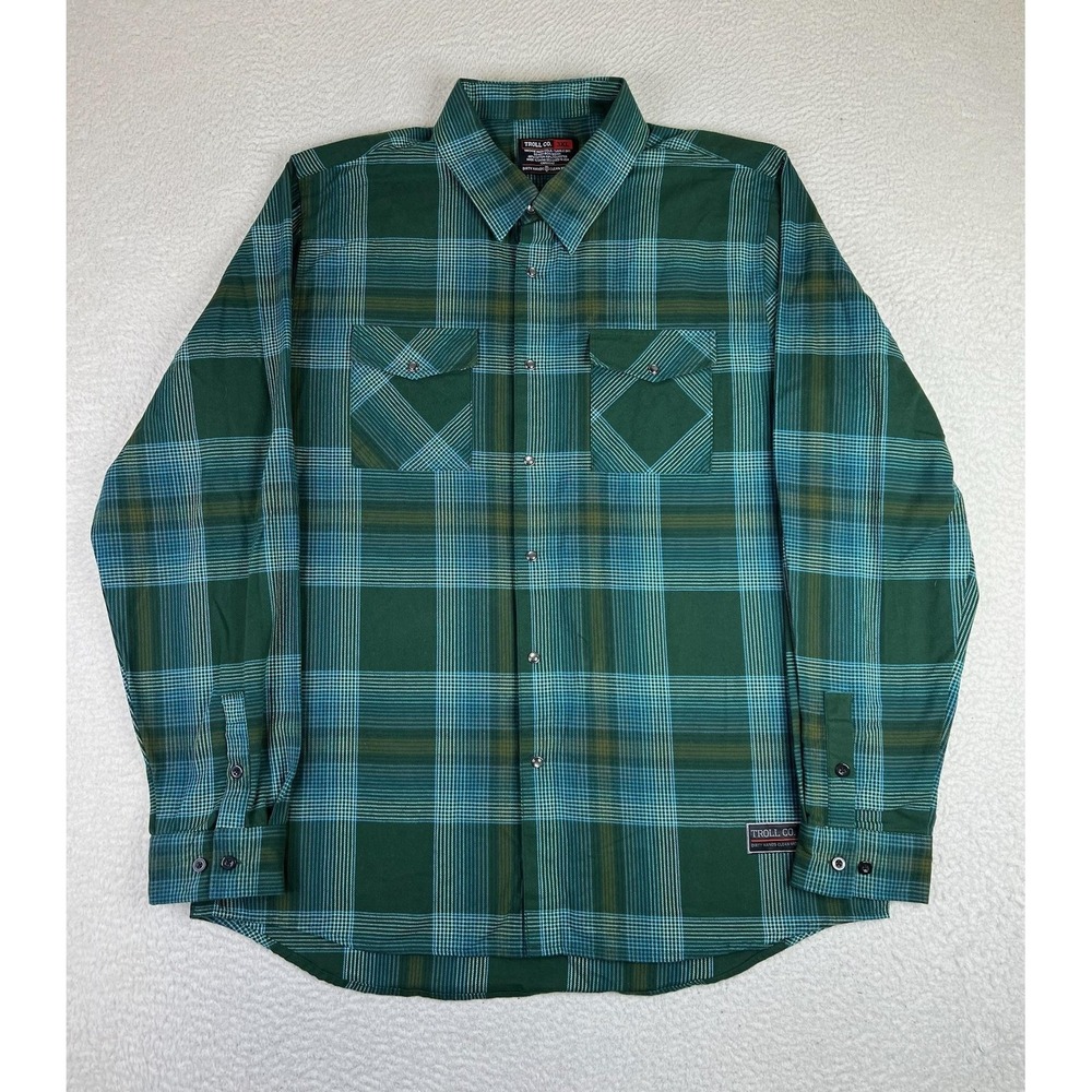 Troll Co. Shirt Men's 3XL Green Plaid Long Sleeve Snap Button Up Workwear Casual